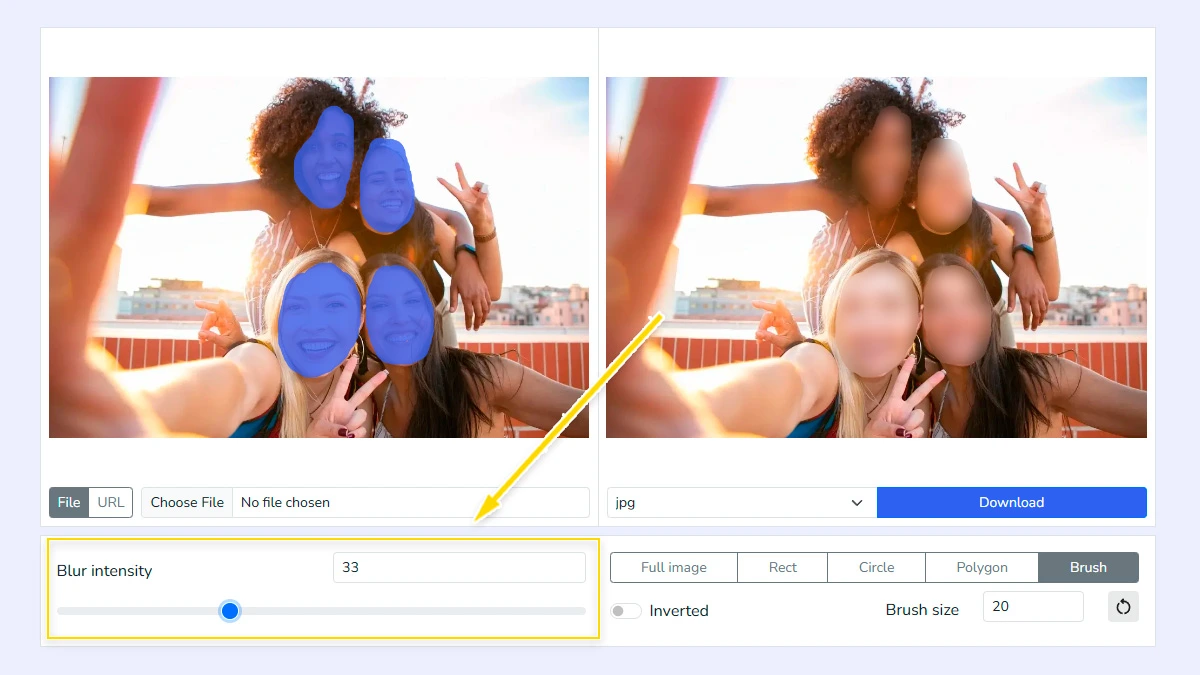 Adjusting the blur slider to set the intensity level