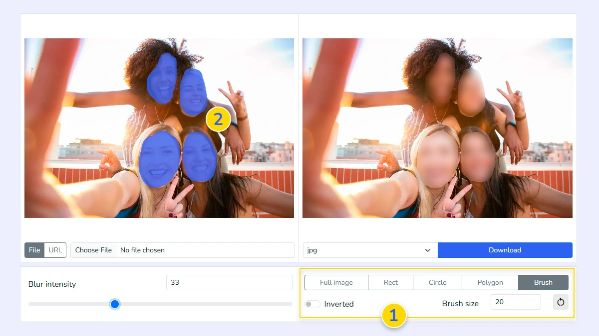 Selecting an area to hide on the photo using different shapes in the blur tool