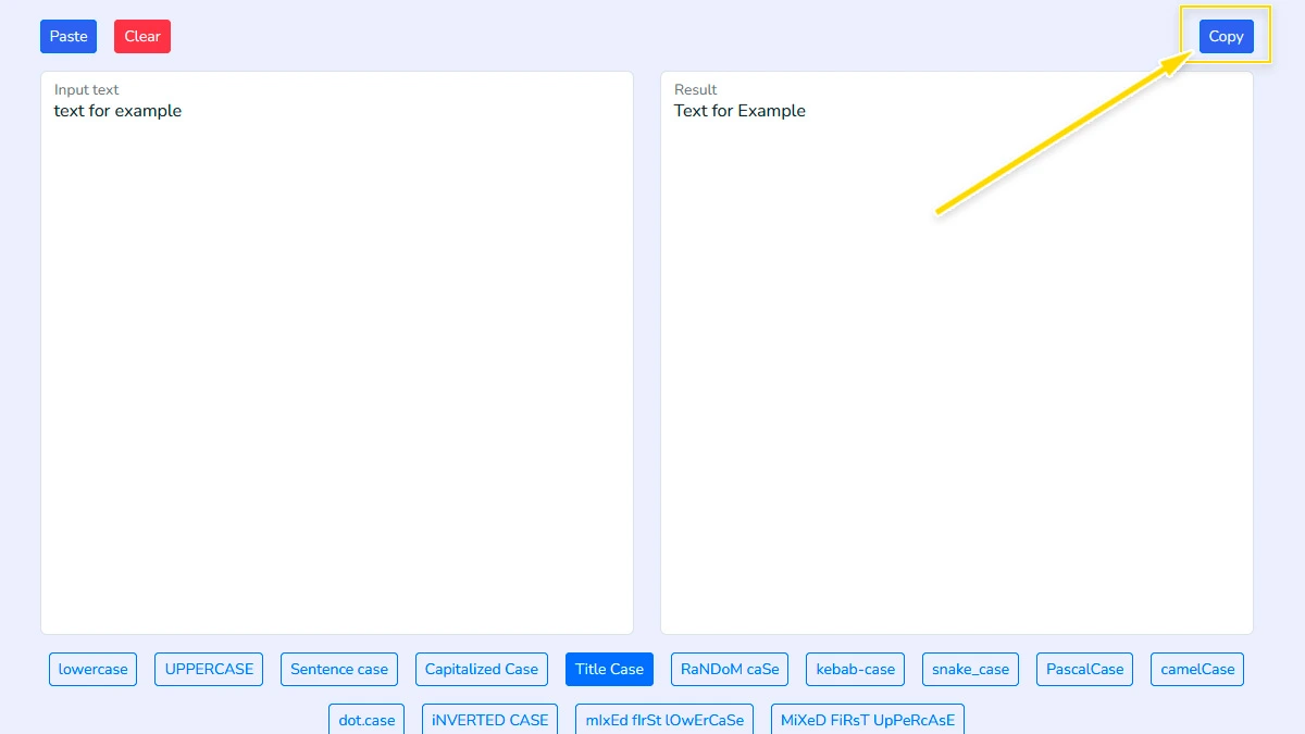 Copy converted text from the online case converter result box