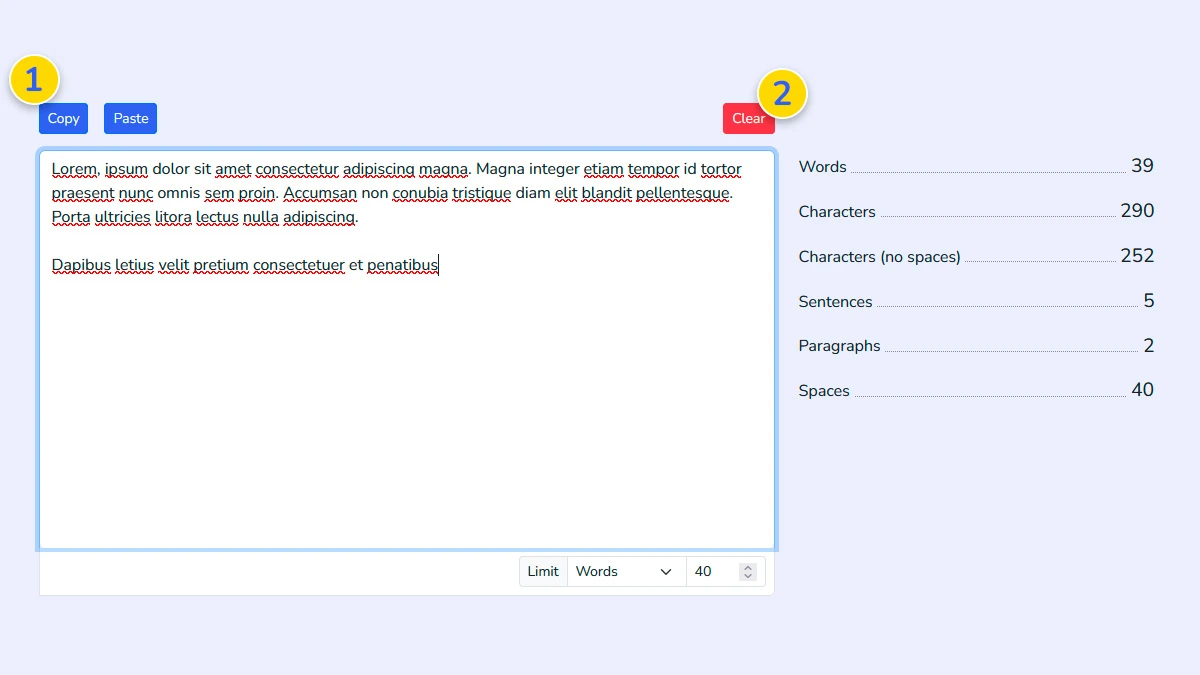Using copy and clear actions in the character counter tool interface