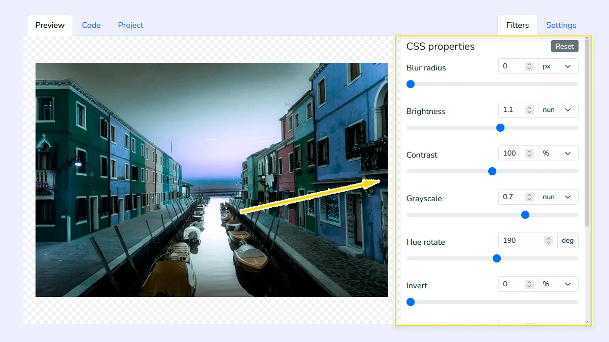 Adjusting CSS filter sliders for blur and brightness