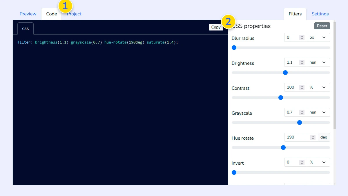 Copying generated CSS code from the editor