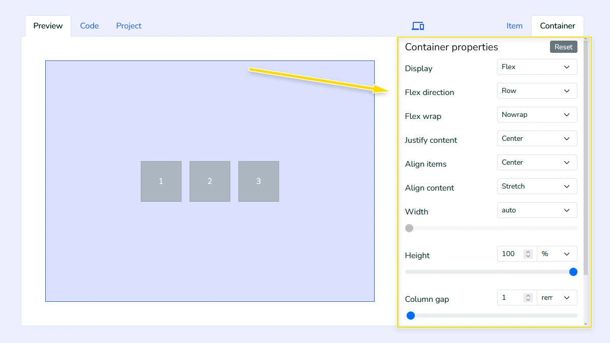 Configure flex container settings