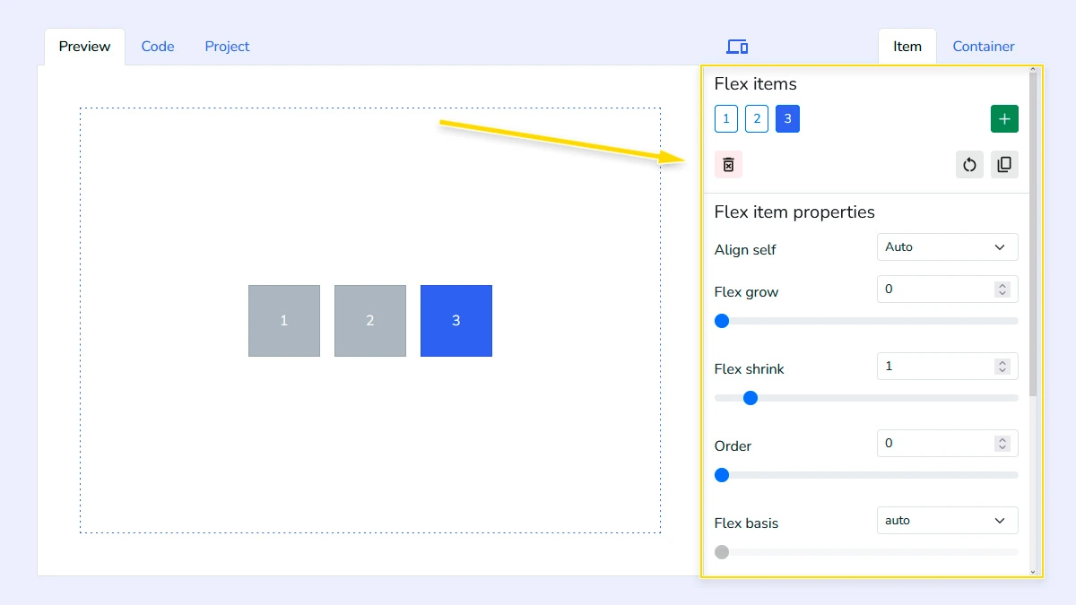 Editing flex items settings