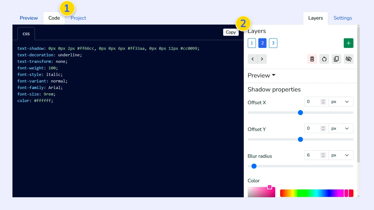 Previewing and copying the generated text-shadow CSS