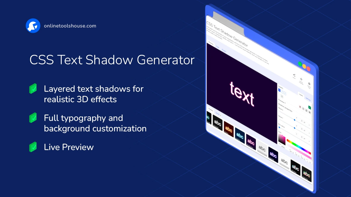 CSS Text Shadow Generator with multi-layer editing and font settings