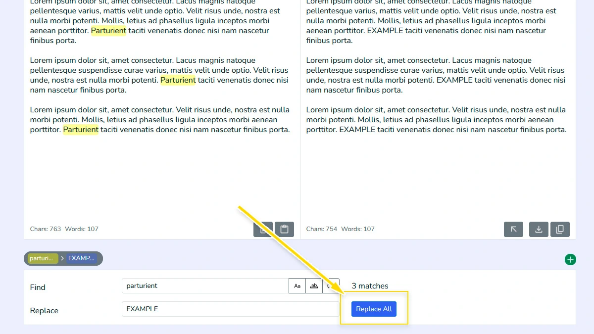 Executing the find and replace command