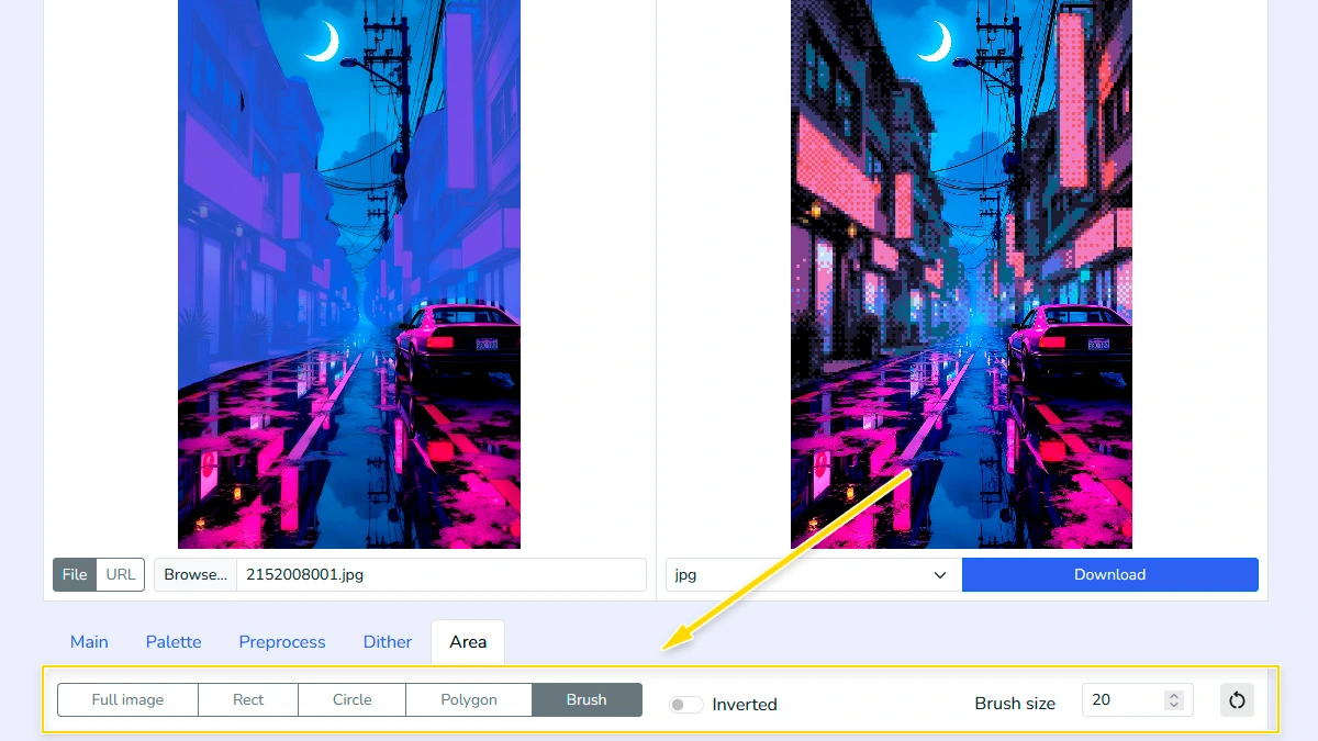 Selecting a specific area for pixel art conversion