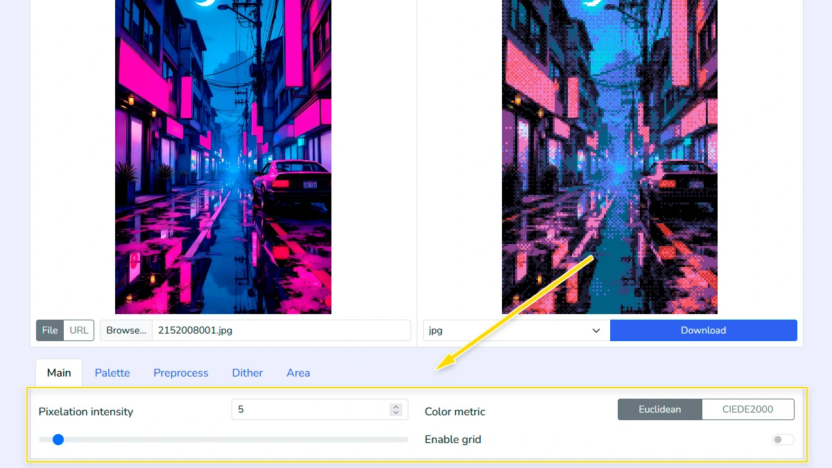 Adjusting pixelation intensity and color metrics
