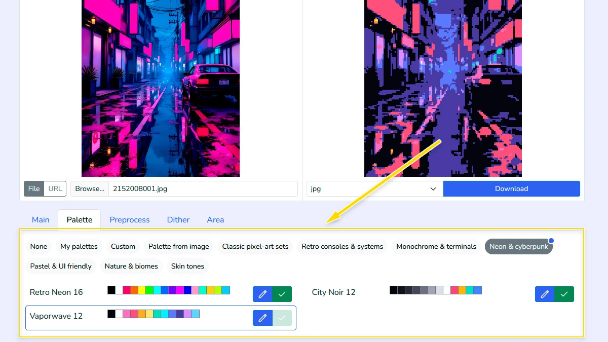 Choose color palette for pixel art