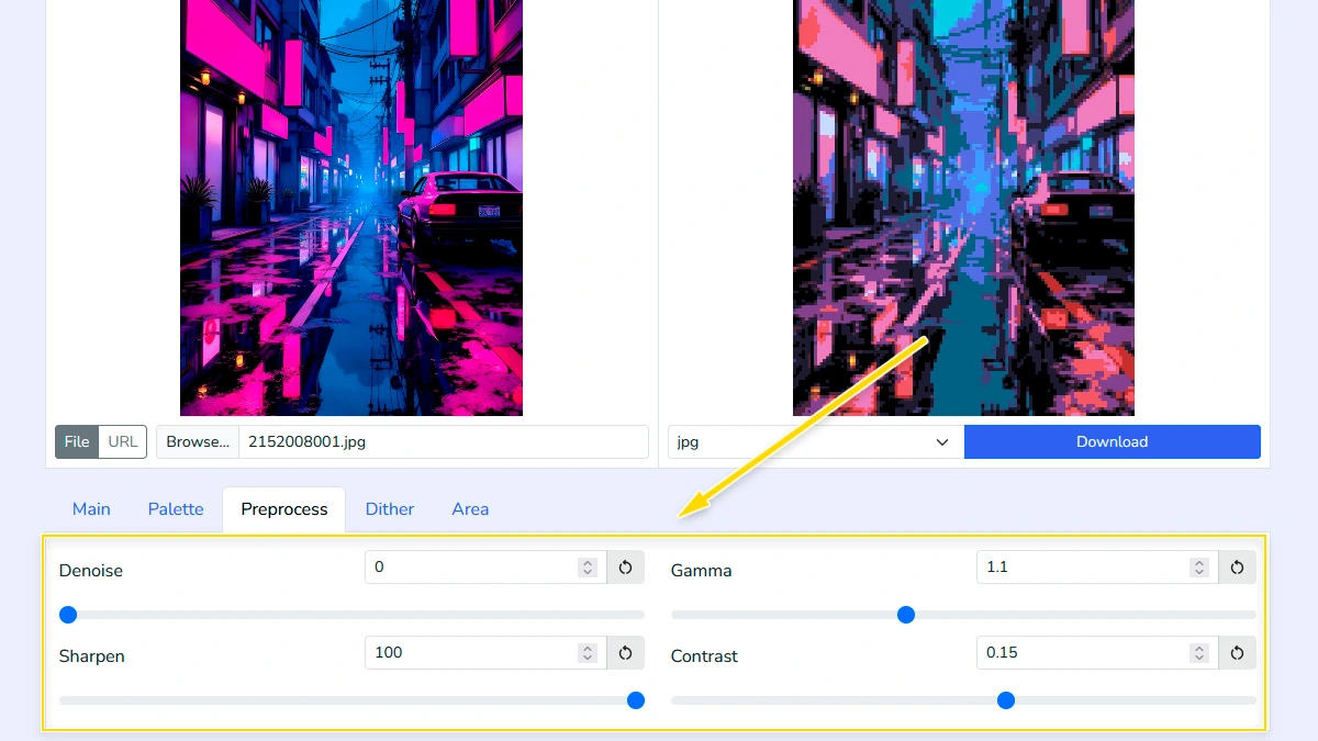 Adjusting preprocessing settings