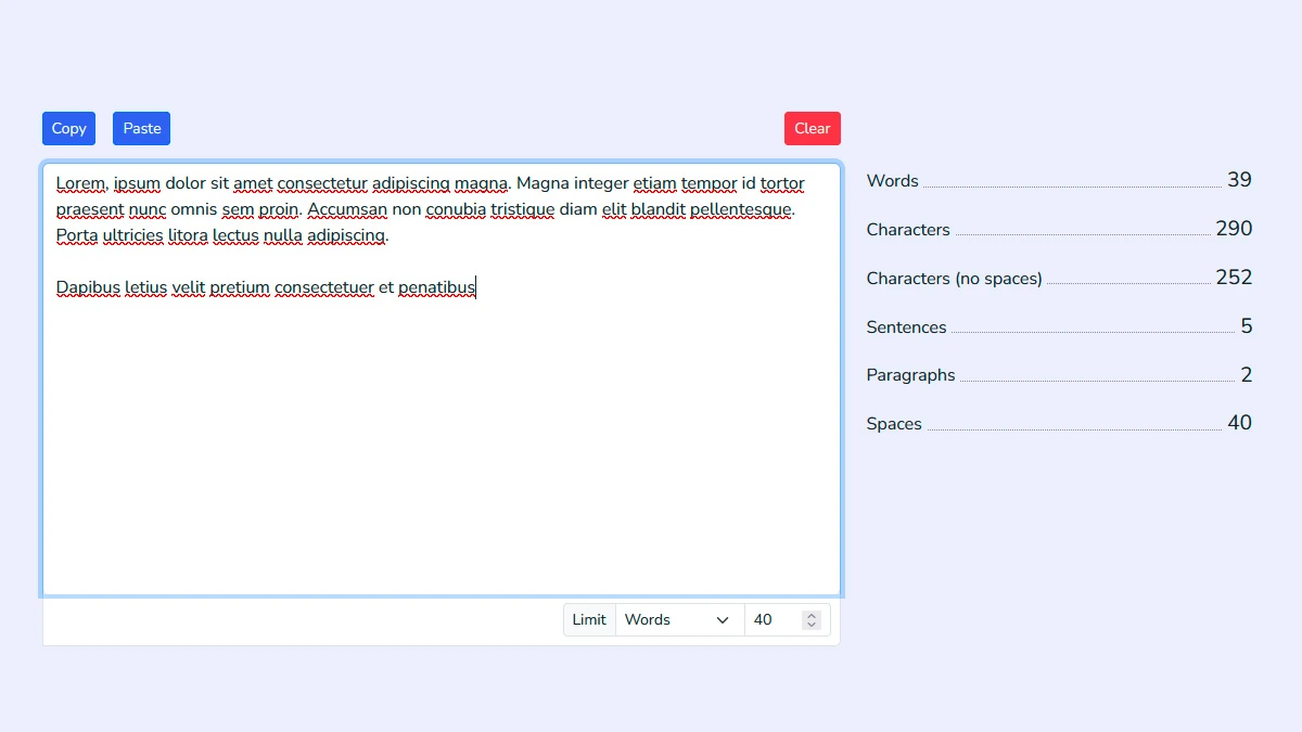 Editing and optimizing text using character counter statistics for SEO and writing