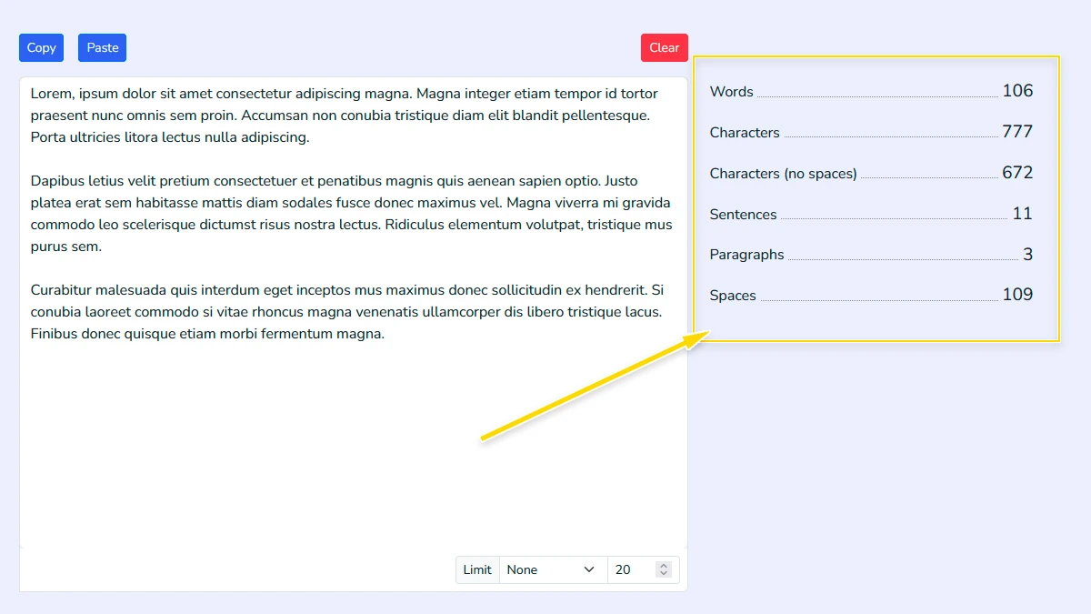 Character counter showing real-time statistics for words and characters