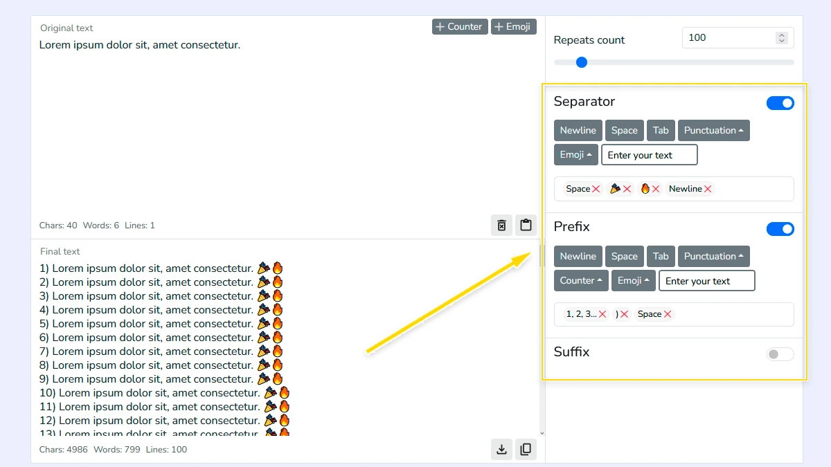 Separator, prefix and suffix settings