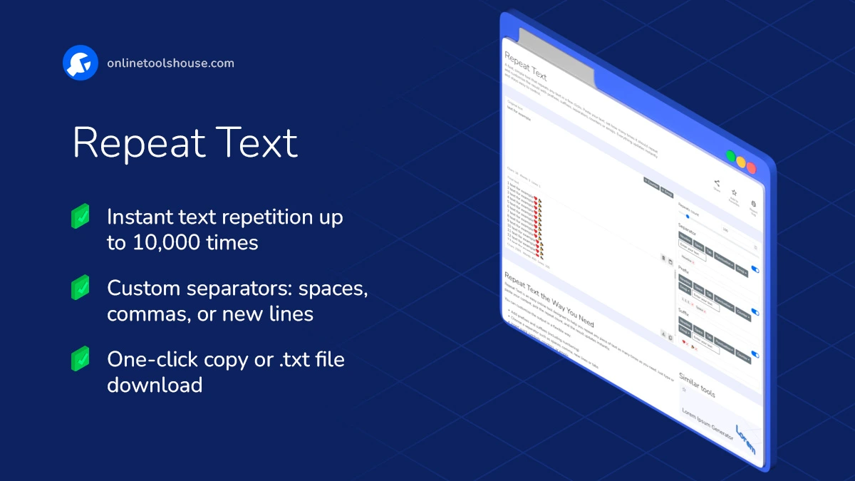 Repeat Text tool interface with prefix, suffix and separator options