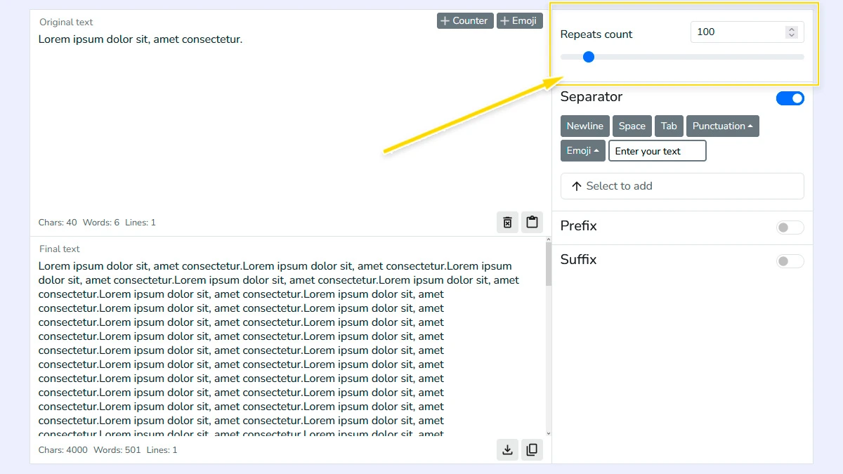 Repeat count control in tool