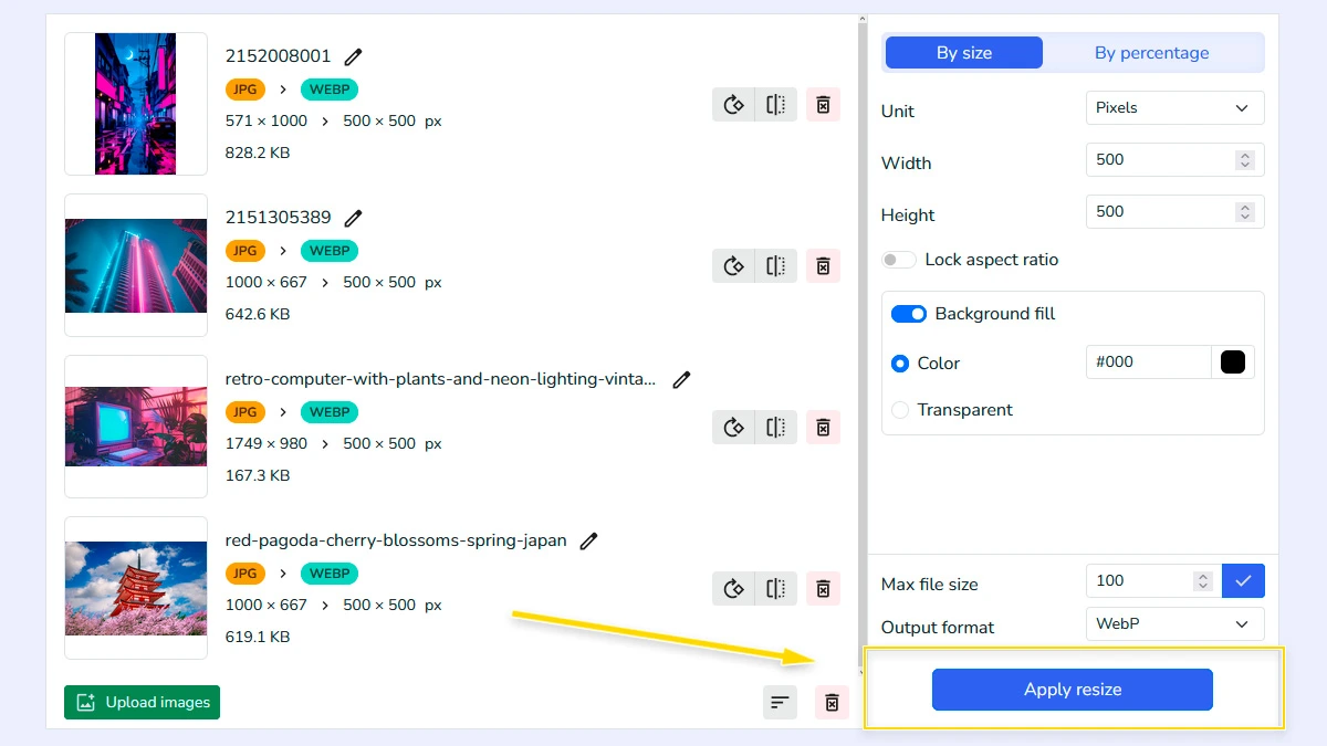 Download resized images individually or as a ZIP archive