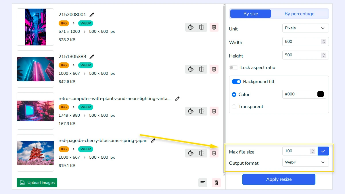 Choose output format and set KB file size limit