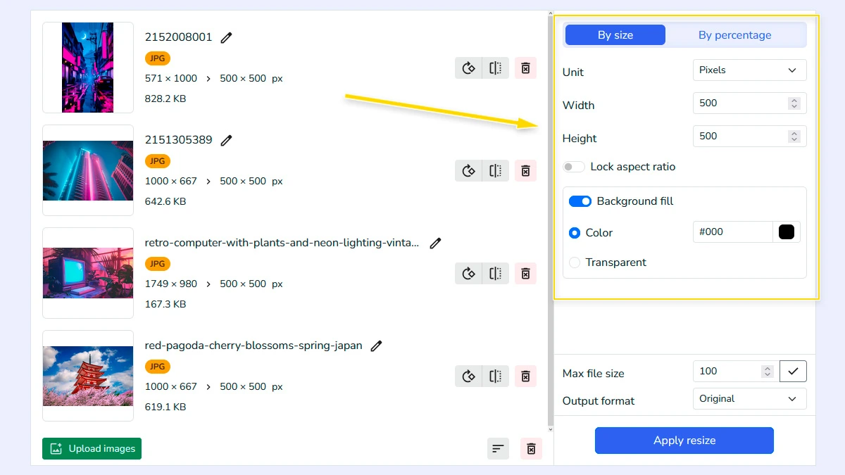 Set resize mode by size or percentage
