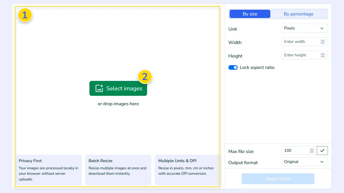 Upload images to the online photo resizer