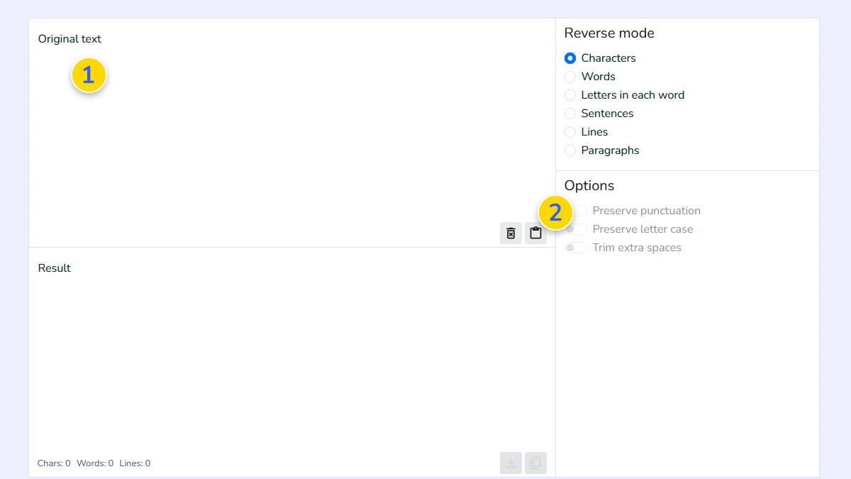 Reverse text tool input field where user types or pastes text
