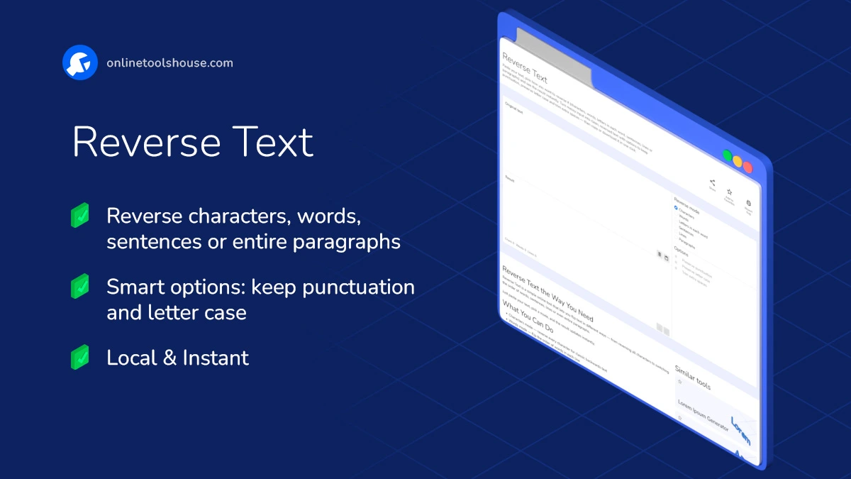 Reverse text online tool interface with options to reverse characters words sentences and paragraphs