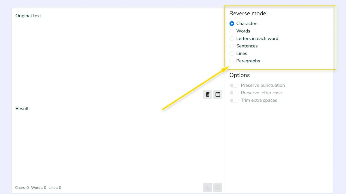 Selecting reverse text mode like characters words sentences or lines