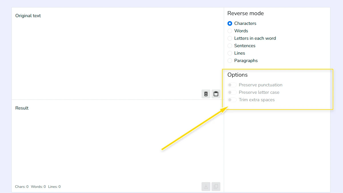 Reverse text tool options to preserve punctuation and trim extra spaces