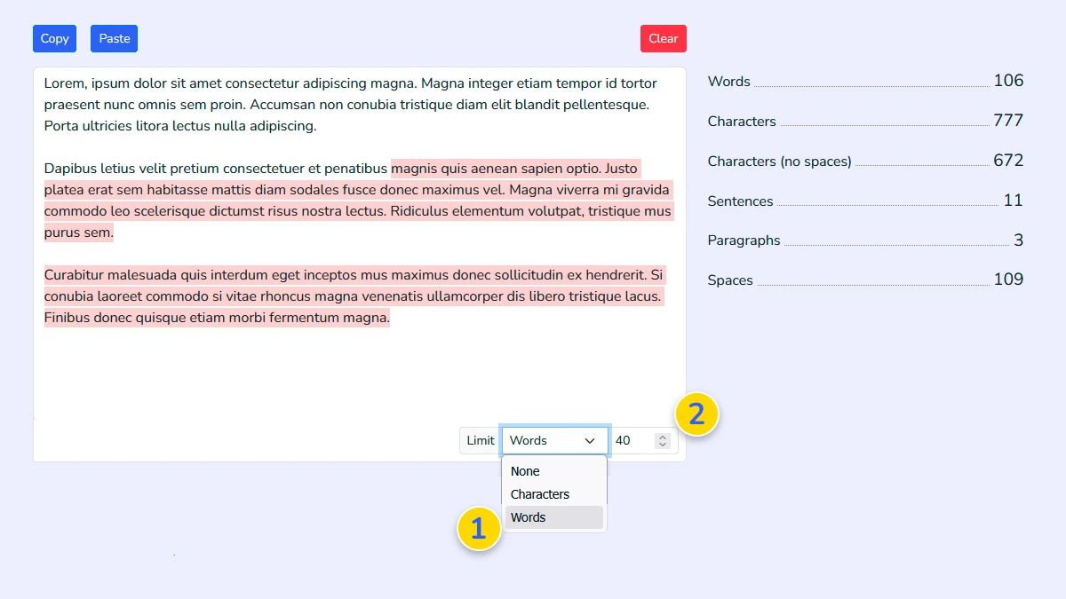 Setting word and character limits with live text highlighting in the tool